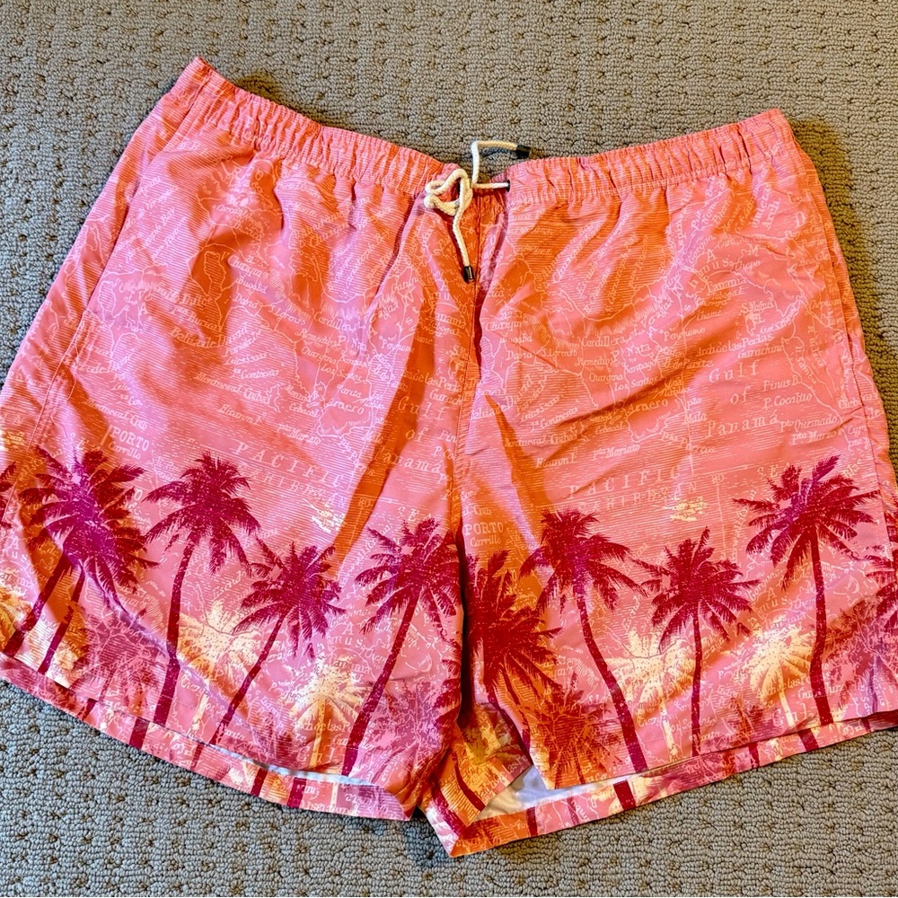NWOT Men's Coral Palm-Print Swim Hybrids with Drawstring, Sz XXL